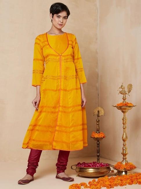 fabindia yellow printed a line kurta