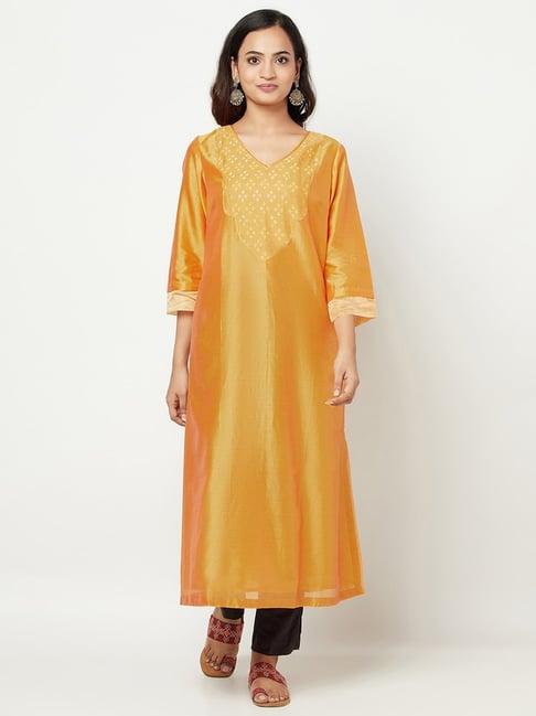 fabindia yellow printed straight kurta