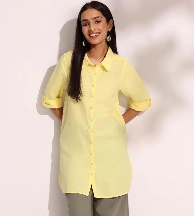 fabindia yellow solid collared full sleeves long shirt