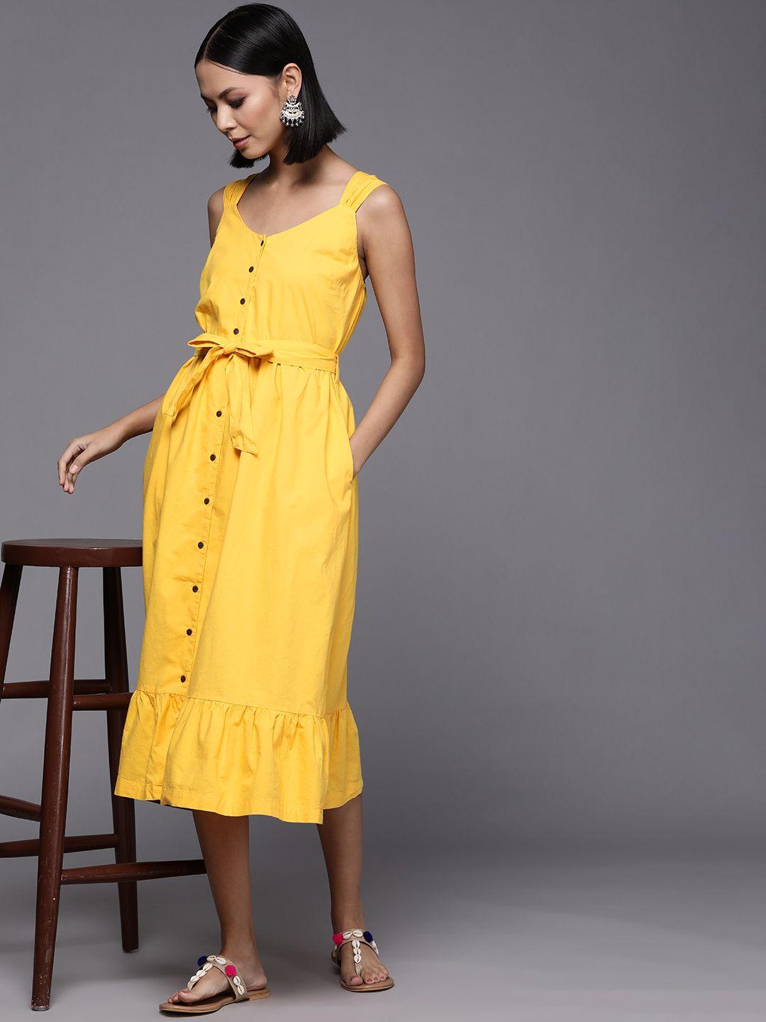 fabindia yellow solid shoulder straps pure cotton a-line midi dress