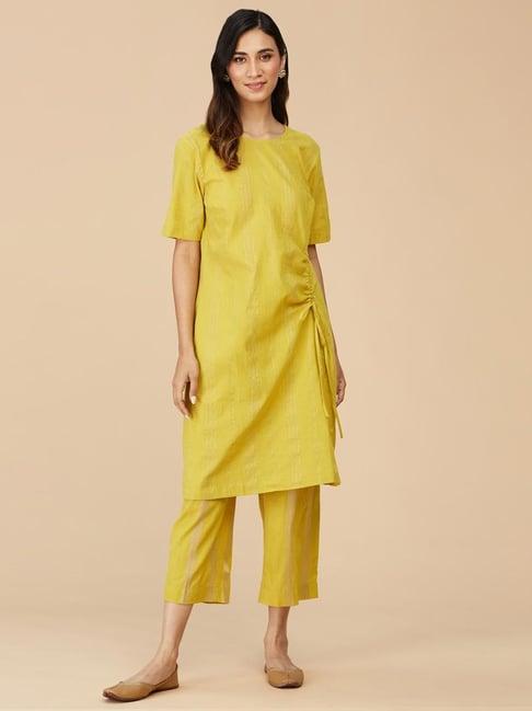 fabindia yellow striped kurta pant set