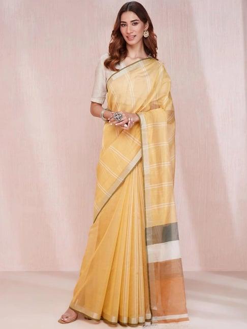 fabindia yellow woven saree without blouse