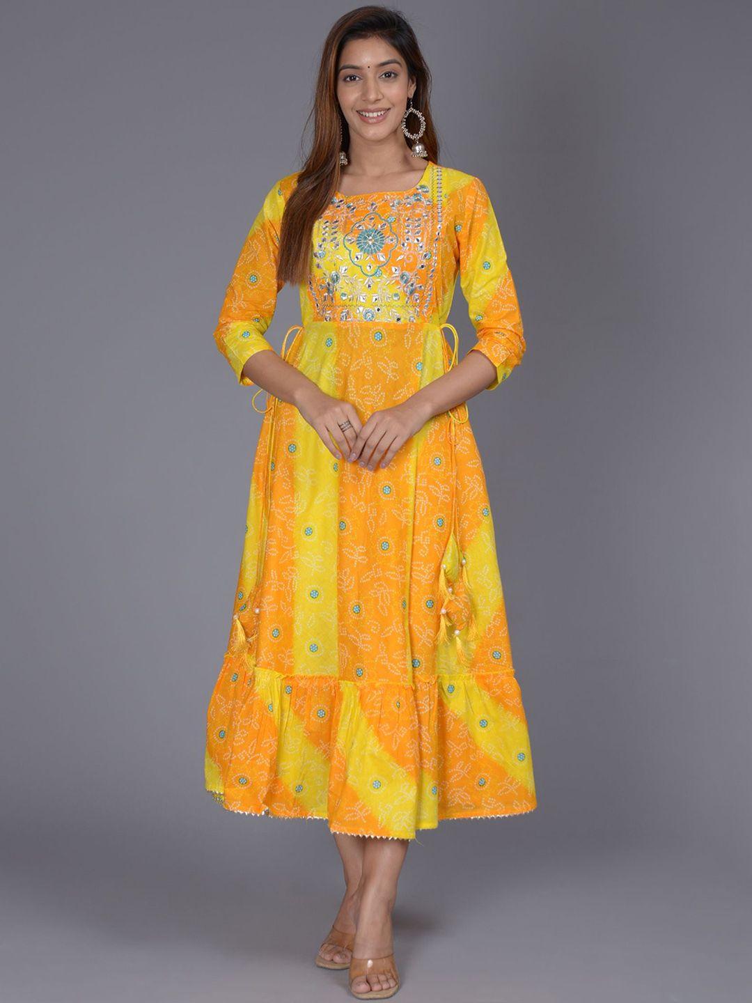 fabista bandhani printed gota patti pure cotton midi ethnic dress