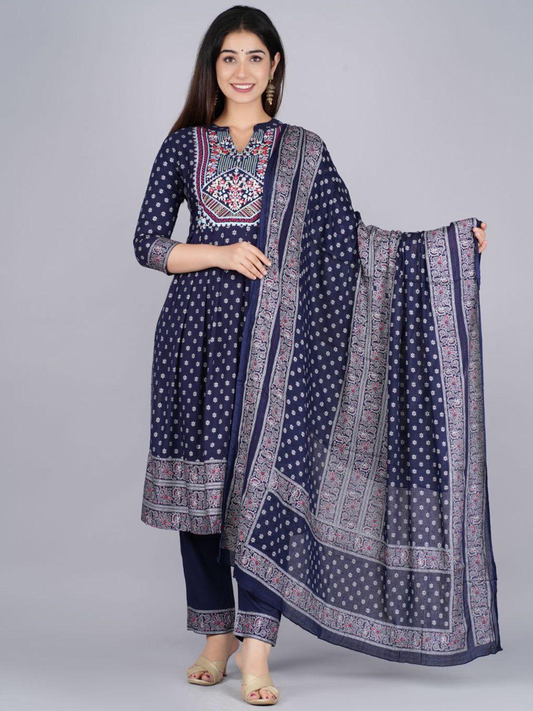 fabista ethnic motifs printed pleated mirror work kurta with trousers & with dupatta