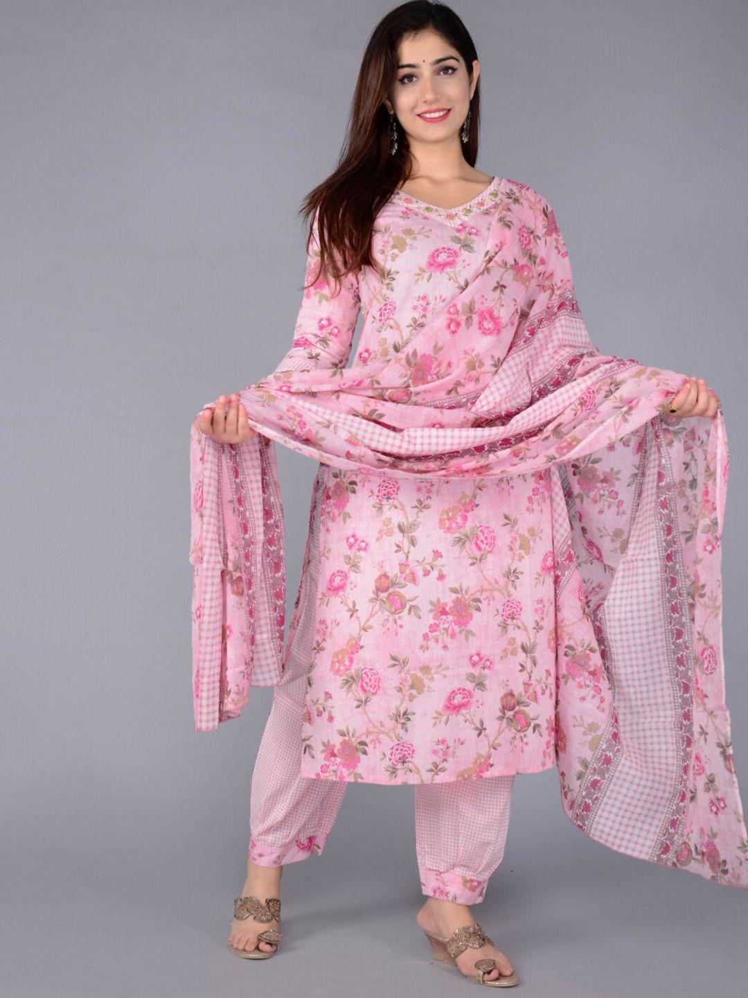 fabista floral printed pleated pure cotton kurta with salwar & dupatta