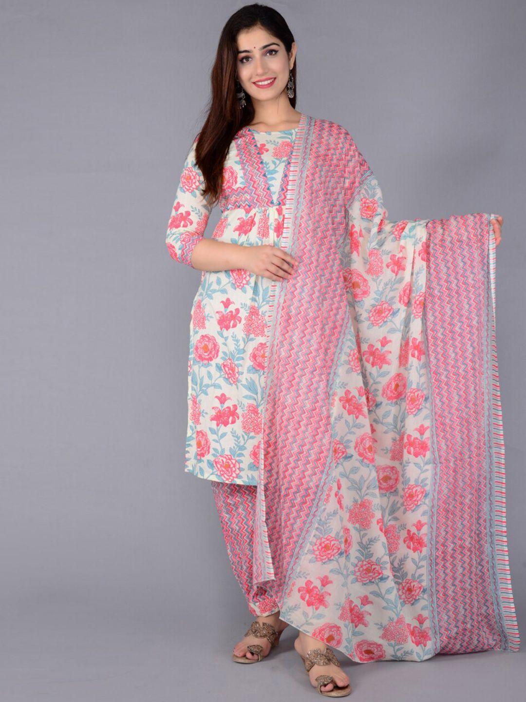 fabista floral printed pleated pure cotton kurta with salwar & dupatta