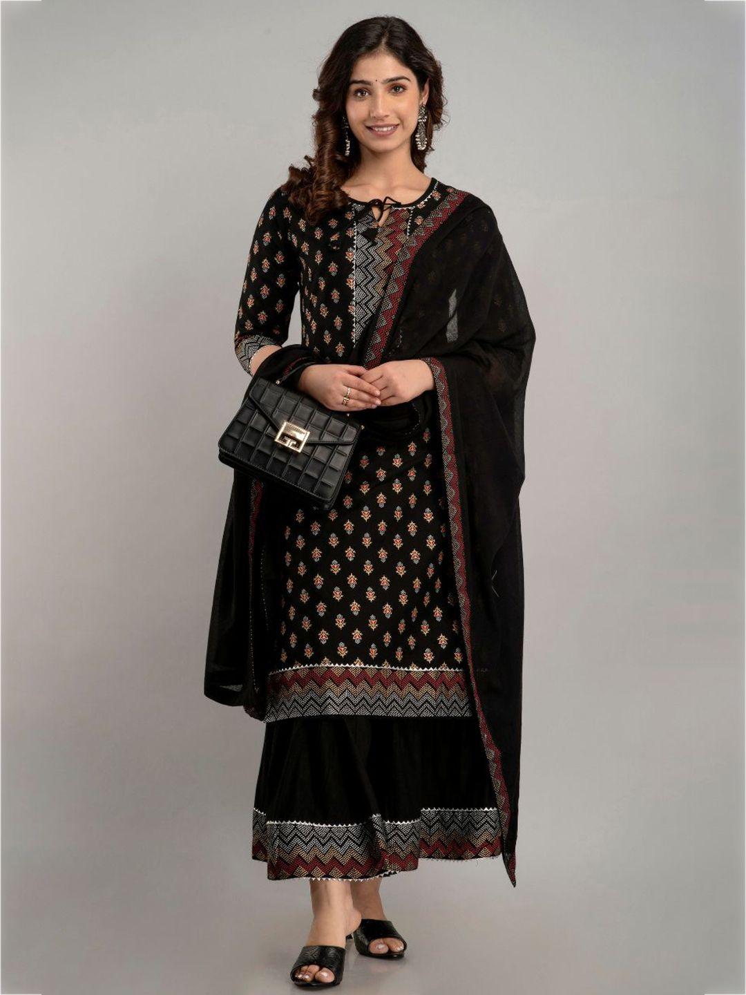 fabista women black ethnic motifs layered kurta with skirt & with dupatta