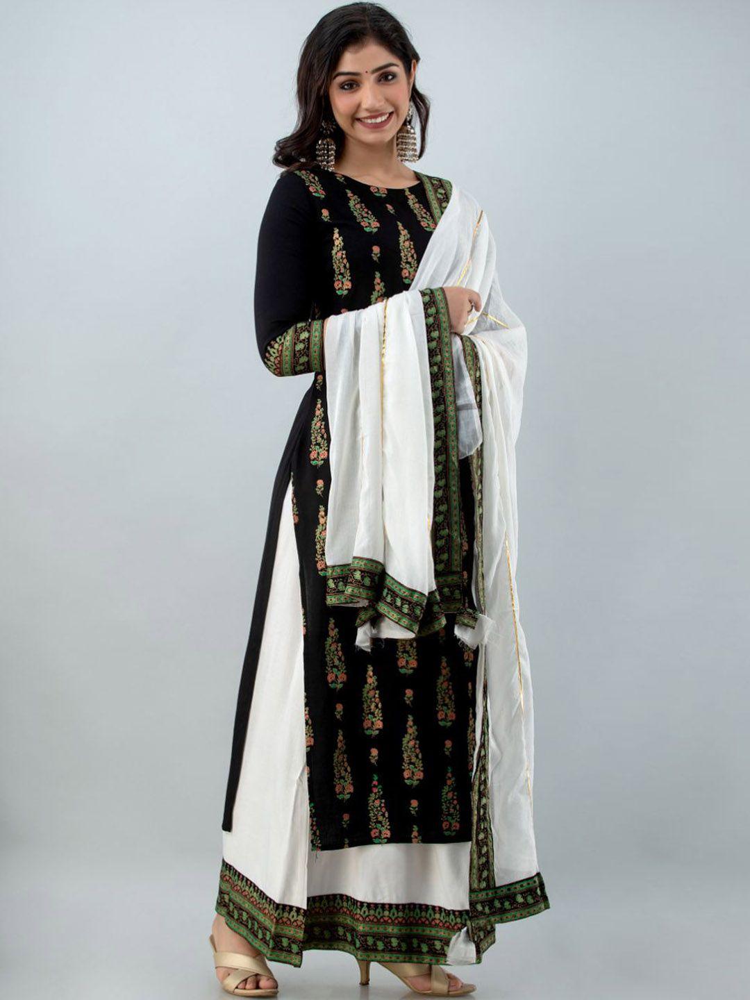 fabista women black ethnic motifs printed kurta with skirt & with dupatta