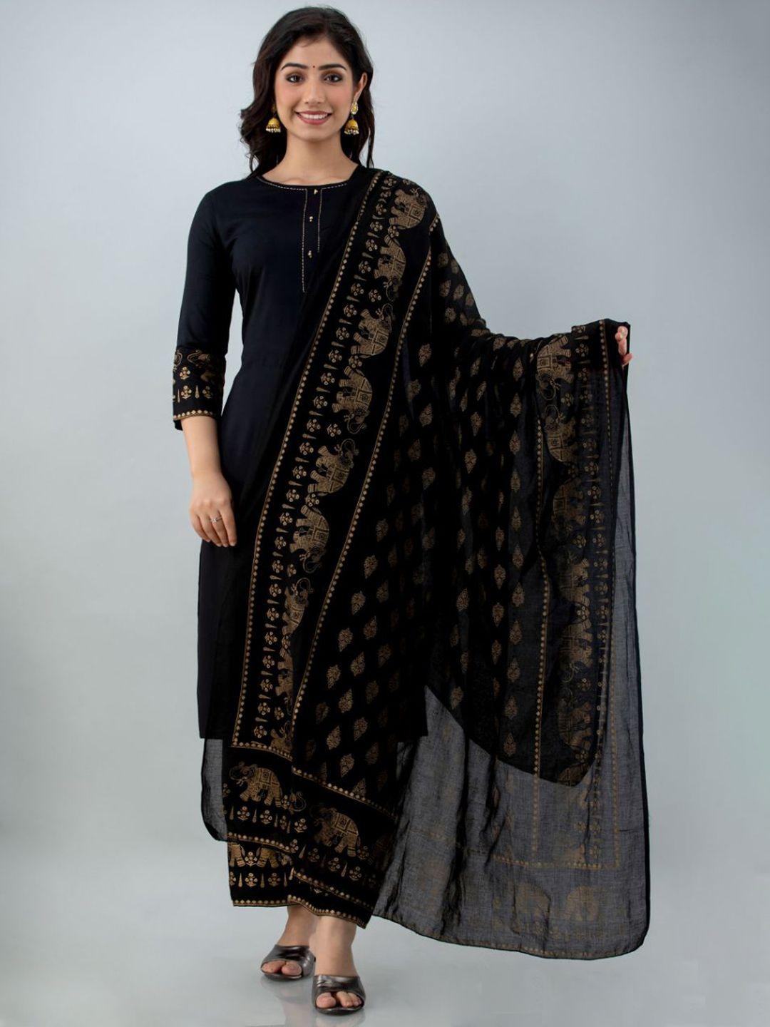 fabista women black ethnic motifs printed kurta with trousers & with dupatta