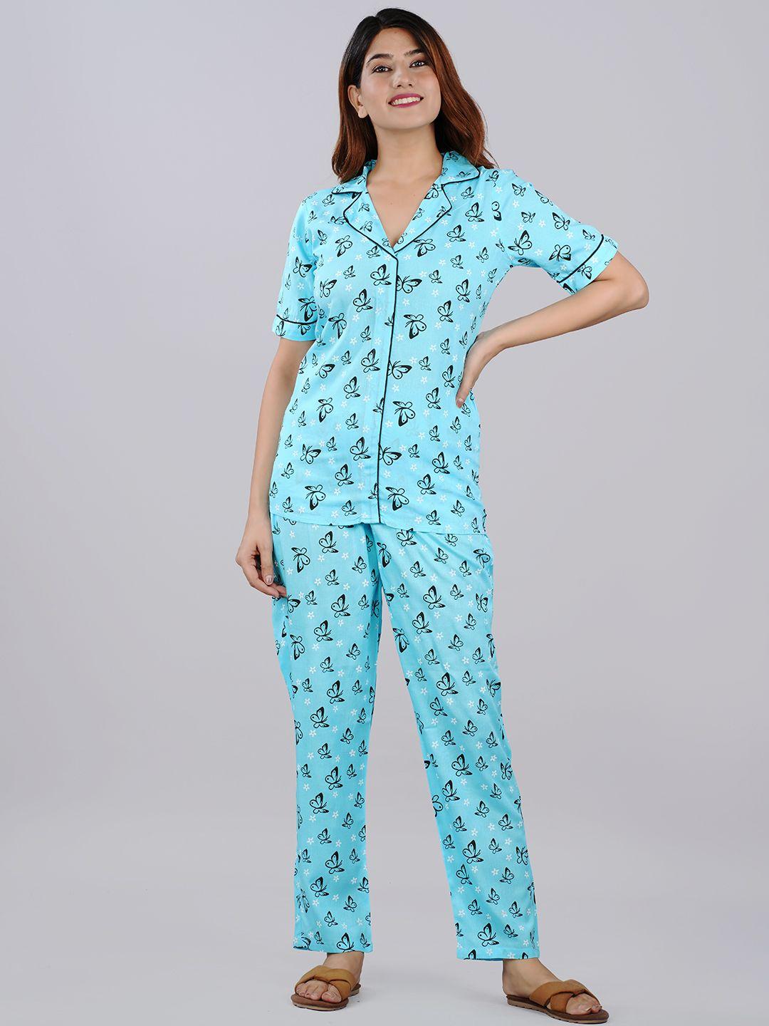 fabista women blue & butterfly printed night suit