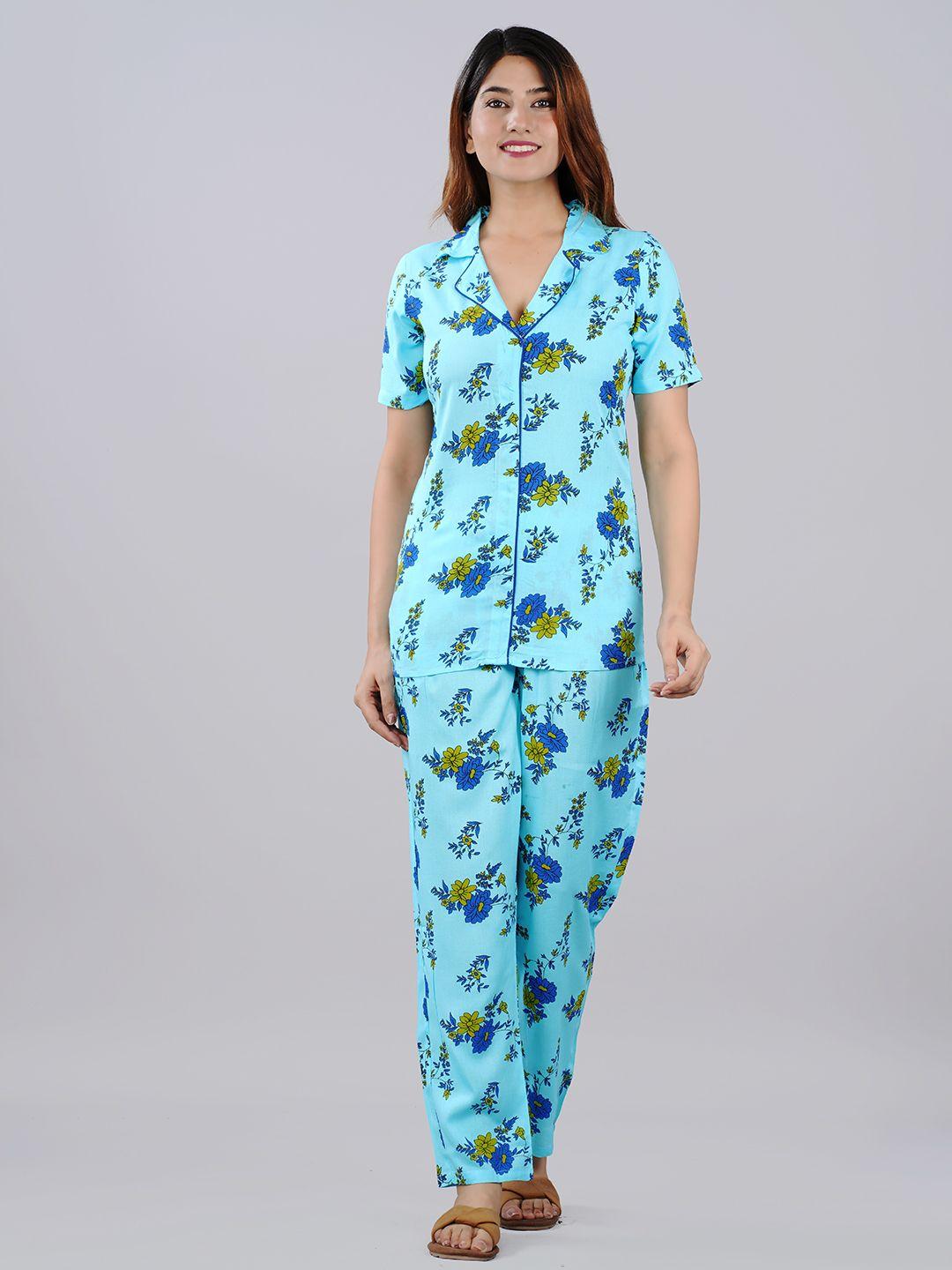 fabista women blue & green printed night suit