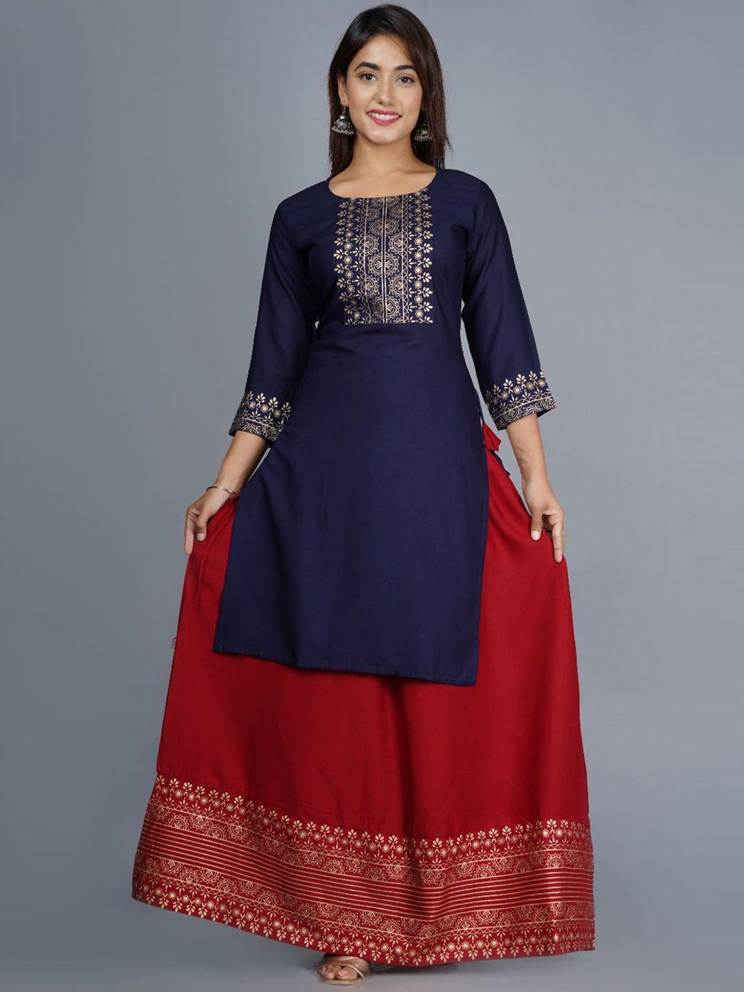 fabista women blue & red yoke design printed kurta with skirt