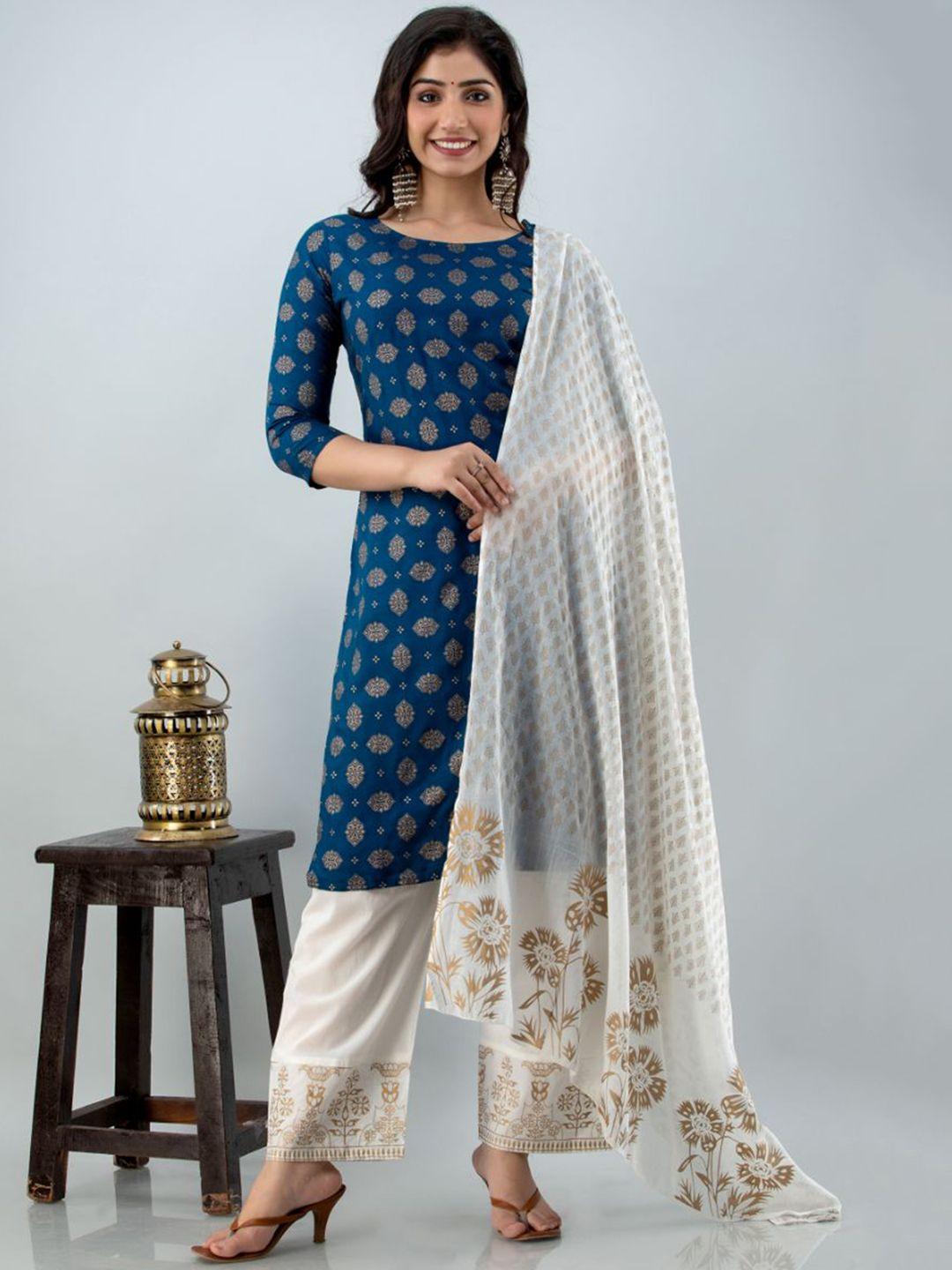 fabista women blue ethnic motifs kurta with palazzos & with dupatta