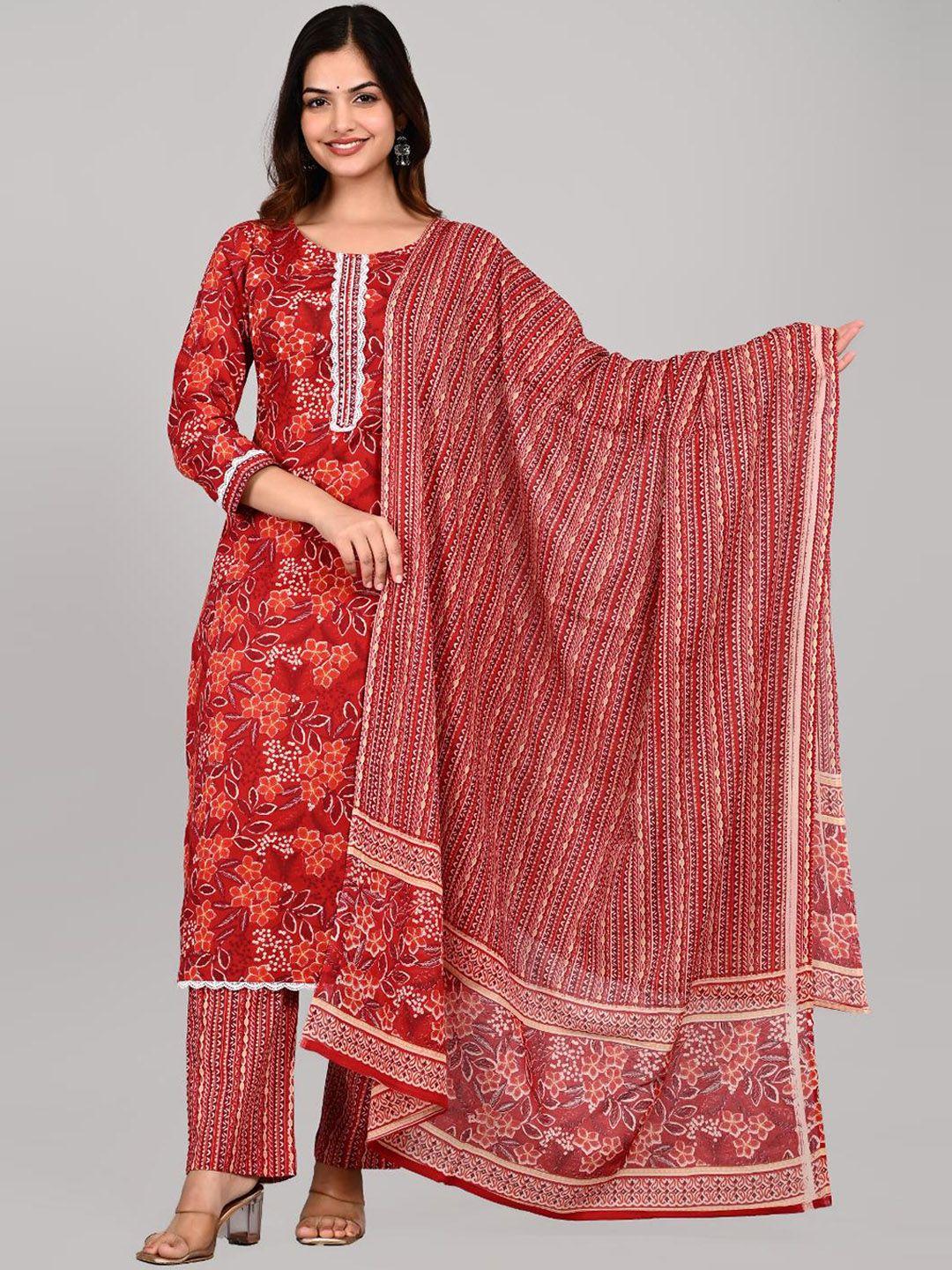 fabista women ethnic motifs printed regular thread work pure cotton kurta with trousers & with dupatta