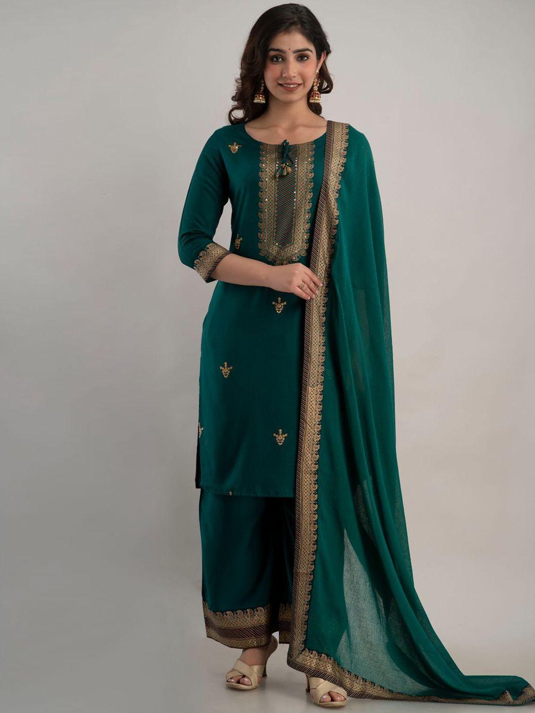 fabista women green embroidered kurti with sharara & dupatta