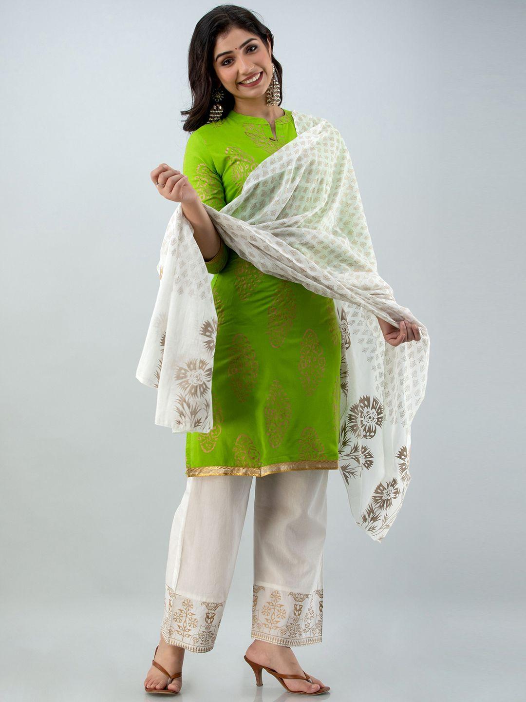 fabista women green ethnic motifs printed regular kurta with palazzos & with dupatta