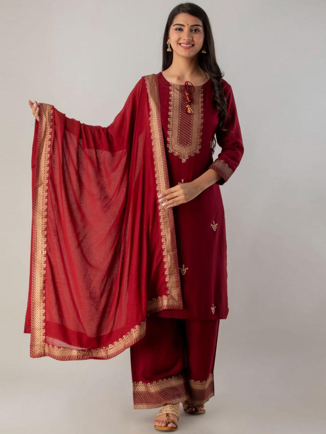 fabista women maroon paisley printed kurta with palazzos & with dupatta