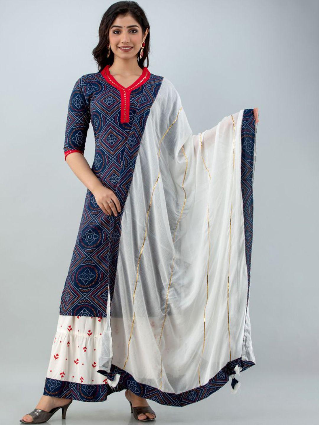 fabista women navy blue printed kurti with skirt & dupatta