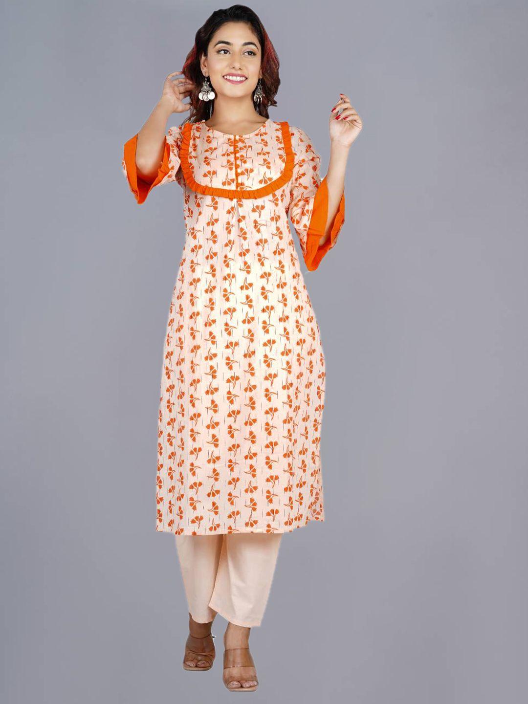 fabista women orange floral printed pure cotton kurta with trousers