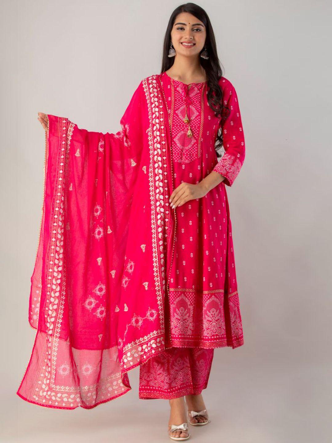 fabista women pink floral embroidered panelled kurta with trousers & with dupatta