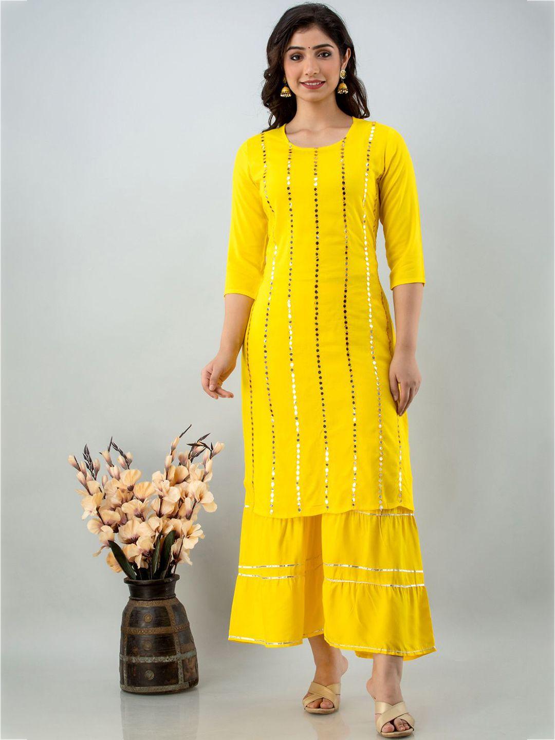 fabista women yellow embroidered sequinned kurta set