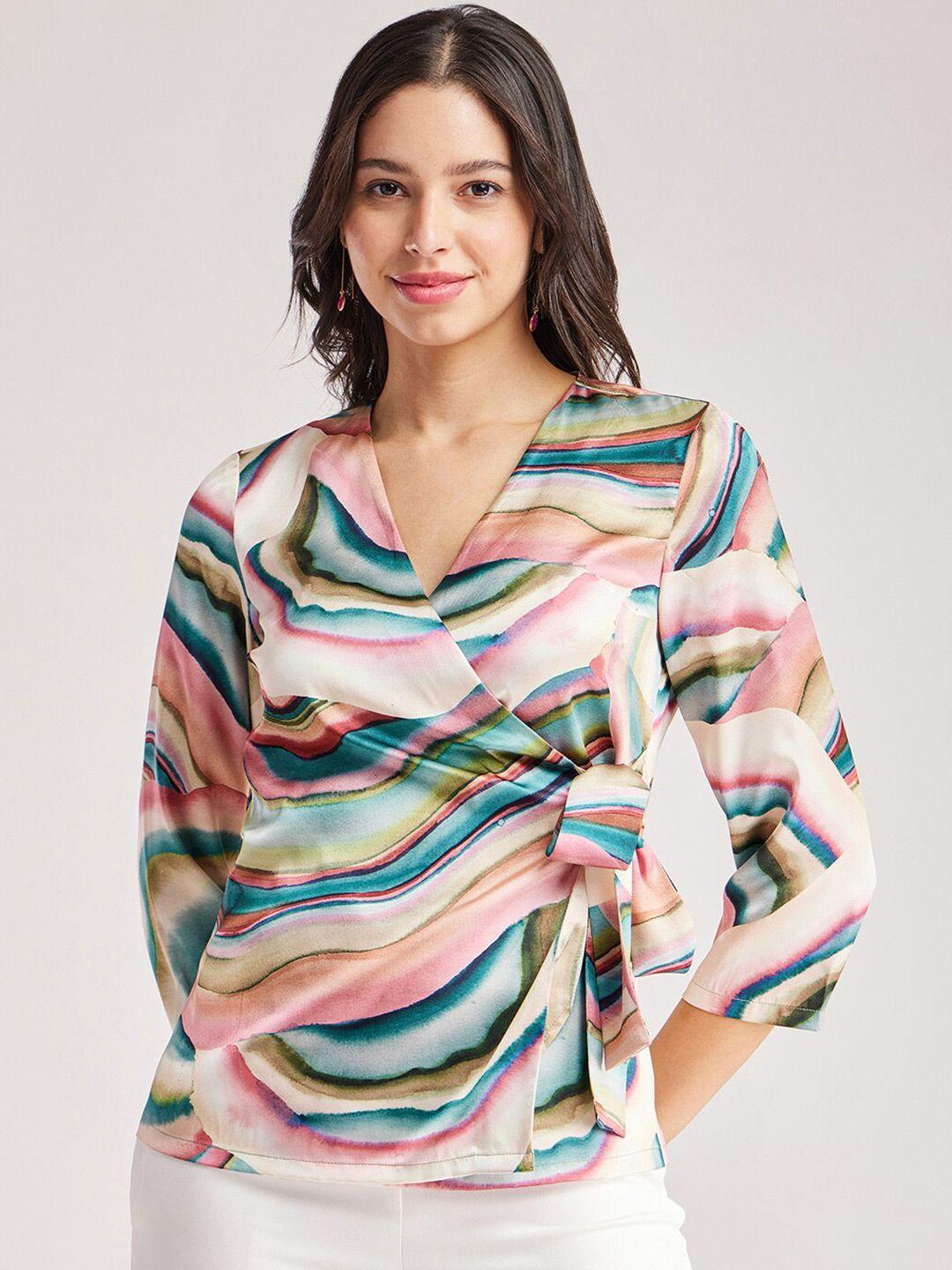 fablestreet abstract marble printed v- neck satin wrap top