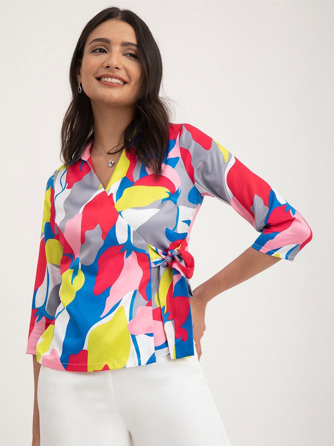 fablestreet abstract printed shirt collar warp satin top