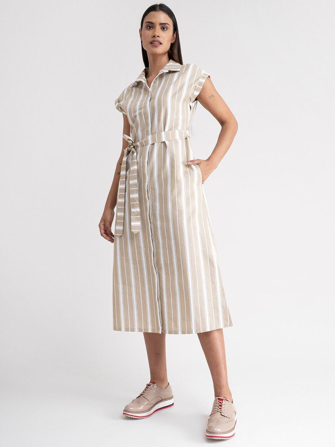 fablestreet beige & white striped linen shirt midi dress