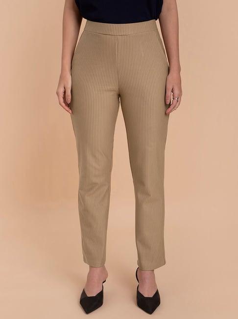 fablestreet beige striped flared fit mid rise pants