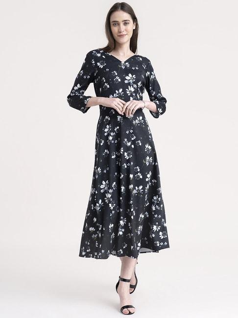 fablestreet black floral print a-line dress