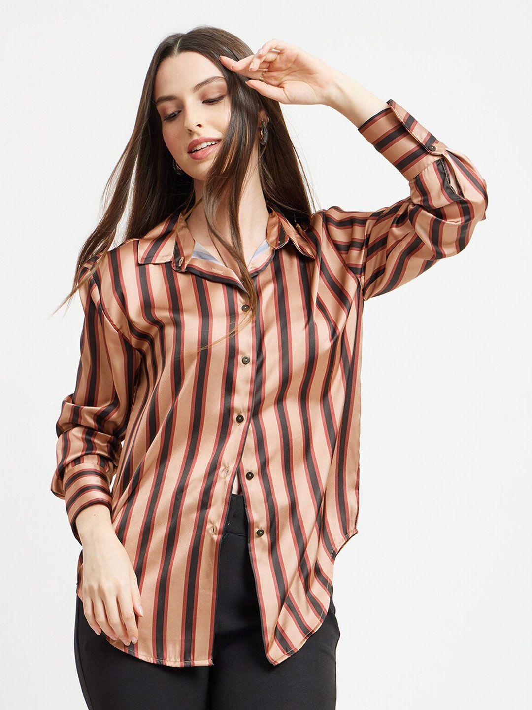 fablestreet brown relaxed opaque striped formal shirt
