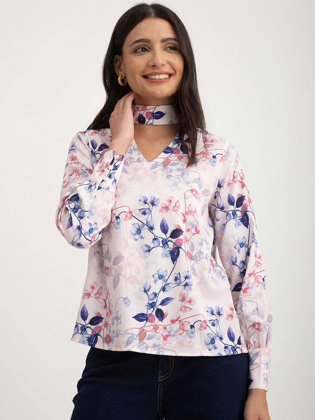 fablestreet floral printed choker neck cuffed sleeves top