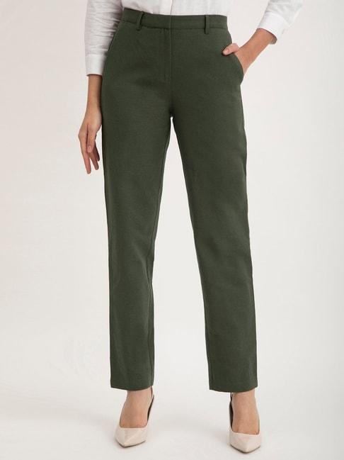 fablestreet olive linen straight fit mid rise trousers