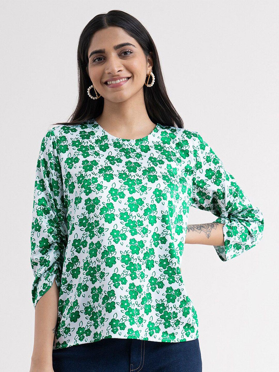 fablestreet white & green floral print satin top