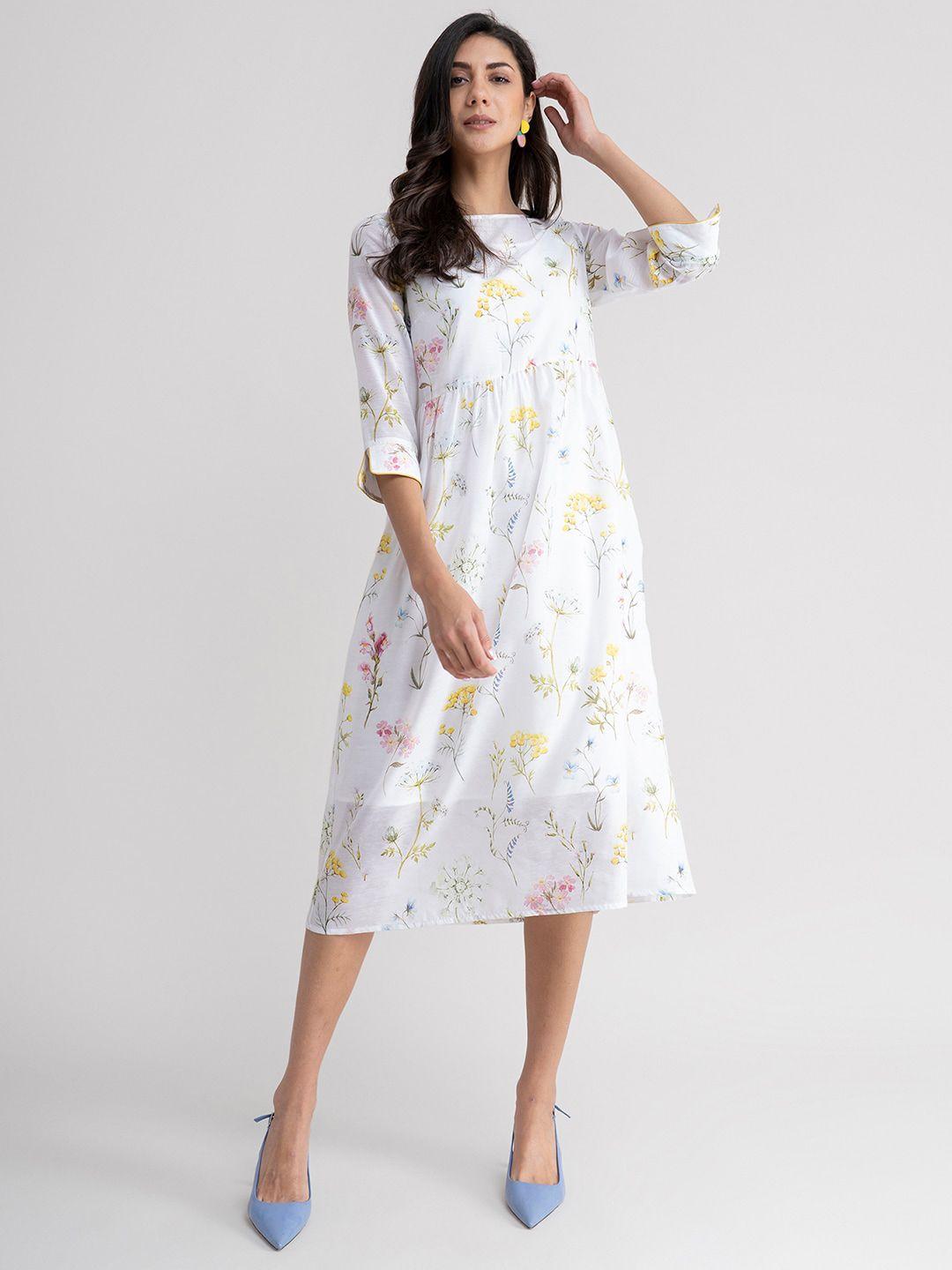 fablestreet white & yellow floral cotton a-line midi dress