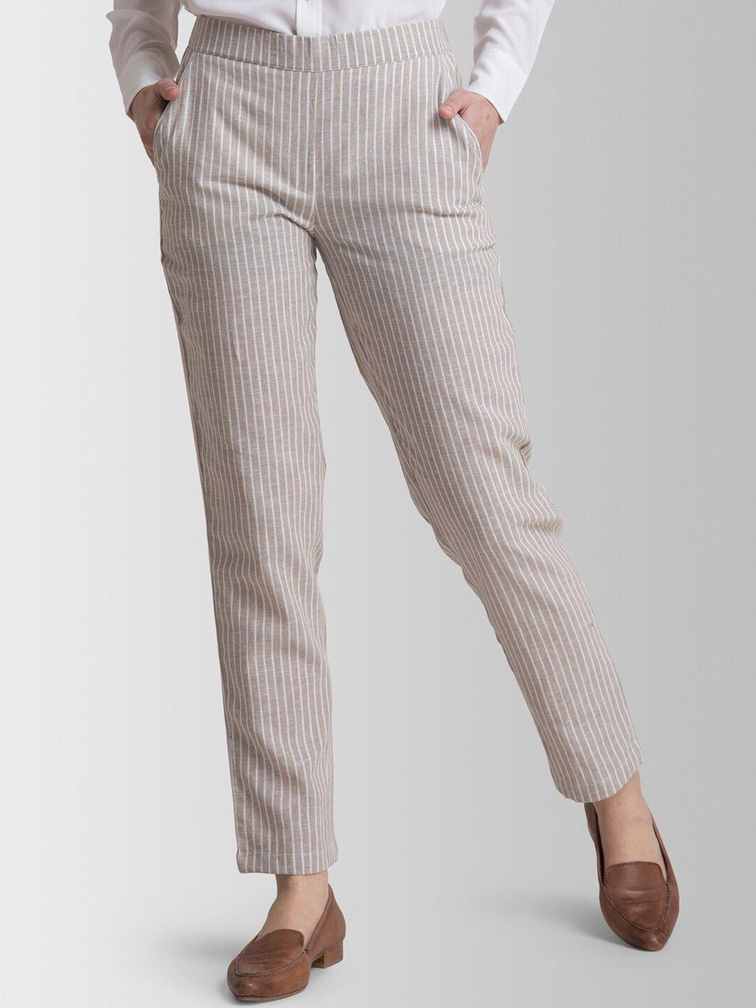 fablestreet women beige slim fit striped formal trousers