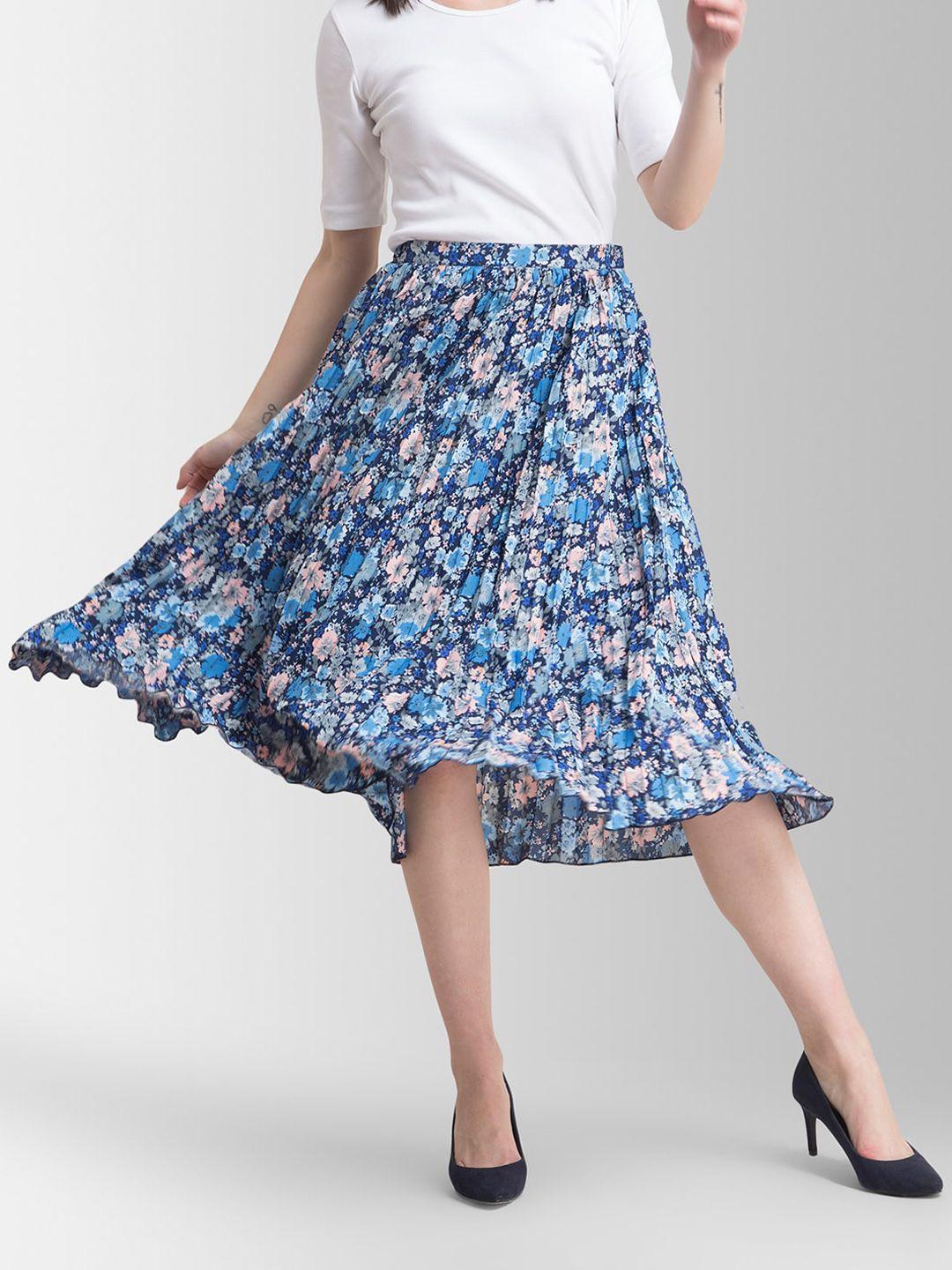 fablestreet women blue & pink floral printed pleated a-line midi skirt