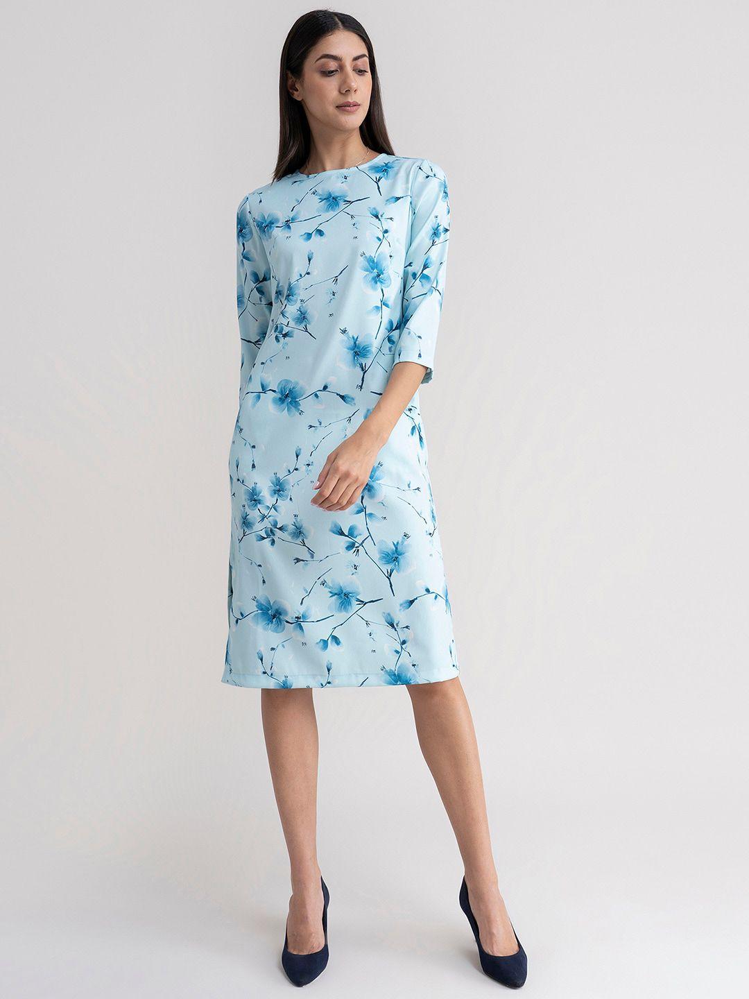 fablestreet women blue floral printed formal sheath dress