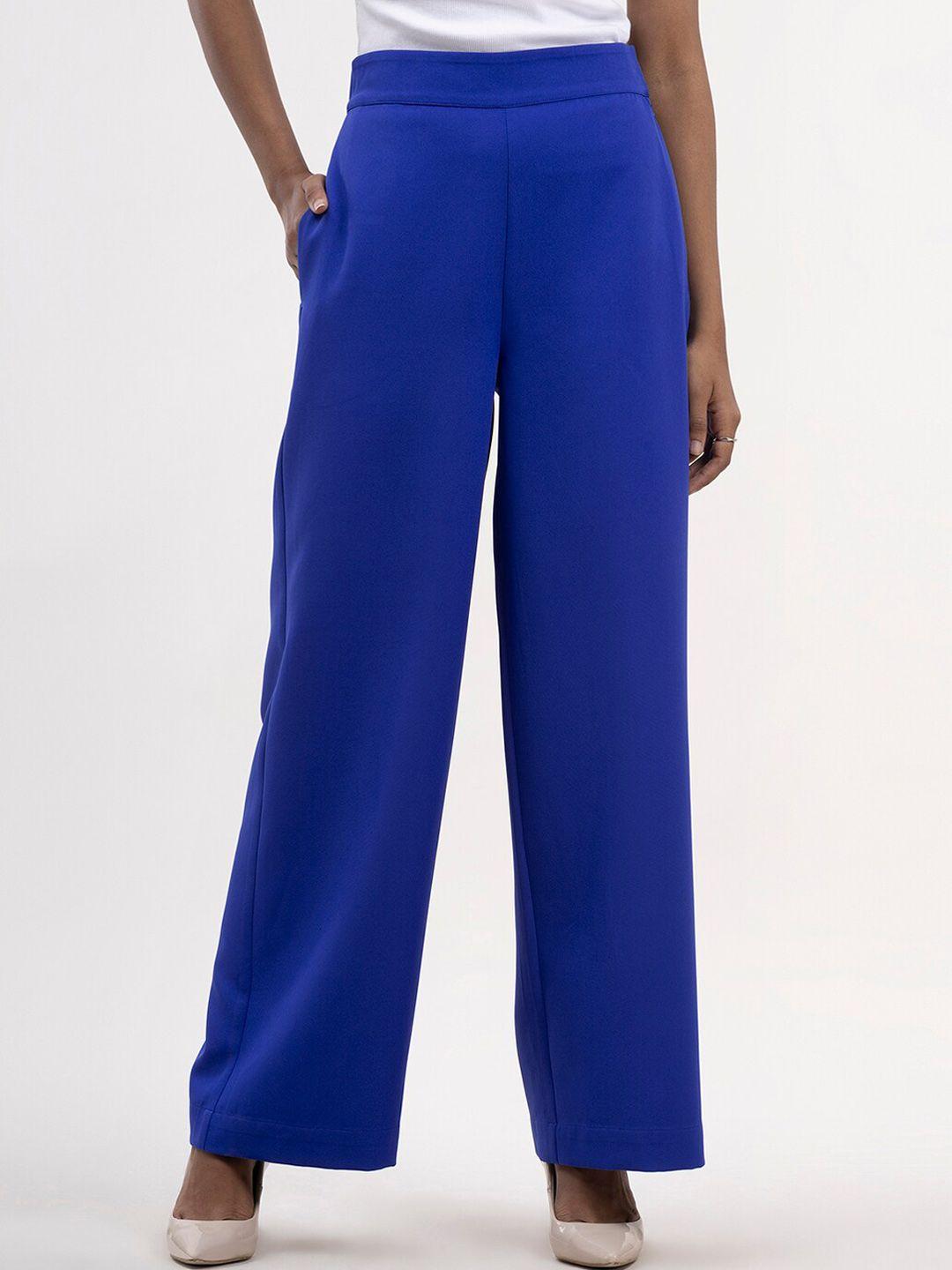 fablestreet women blue solid regular fit parallel trousers