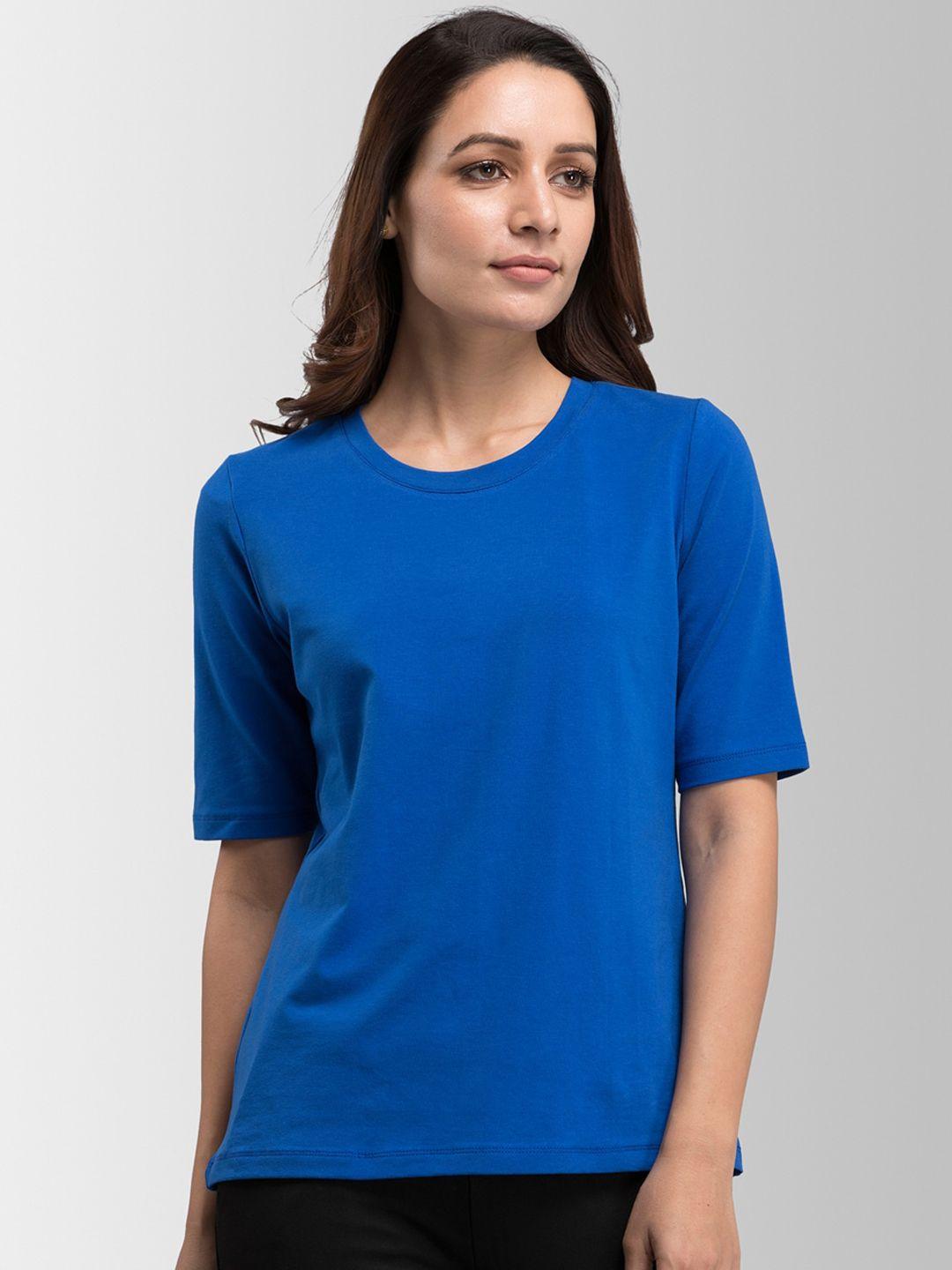 fablestreet women blue solid round neck t-shirt