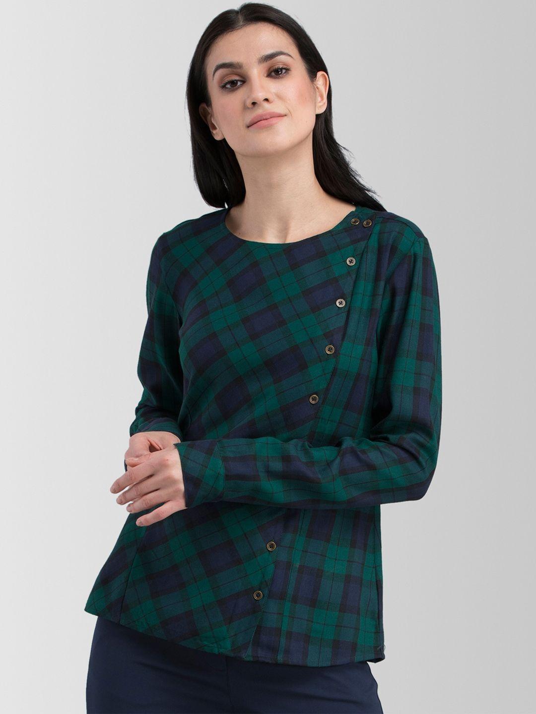 fablestreet women green & navy blue checked top