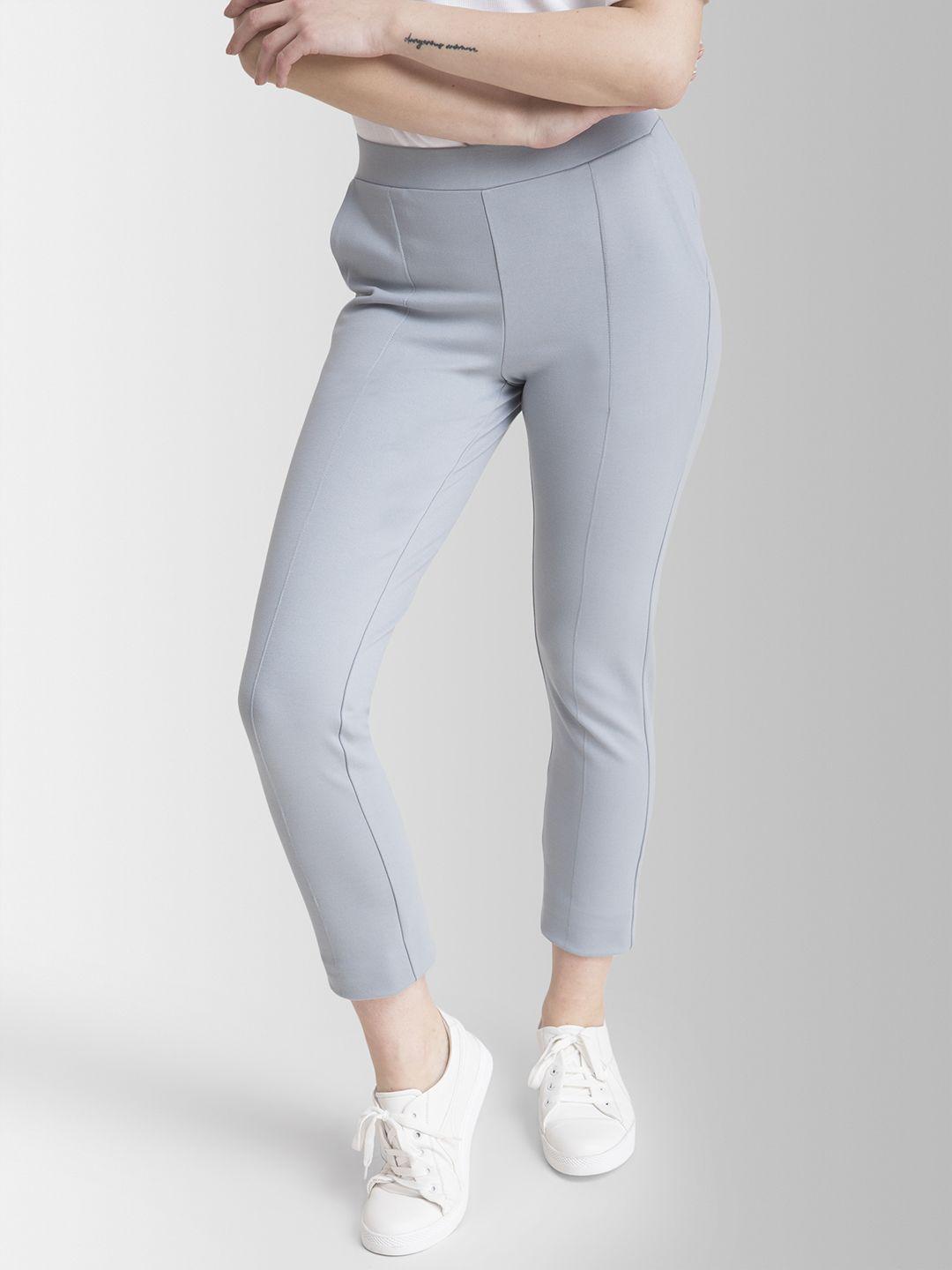 fablestreet women grey straight fit solid 4 way stretch livin trousers