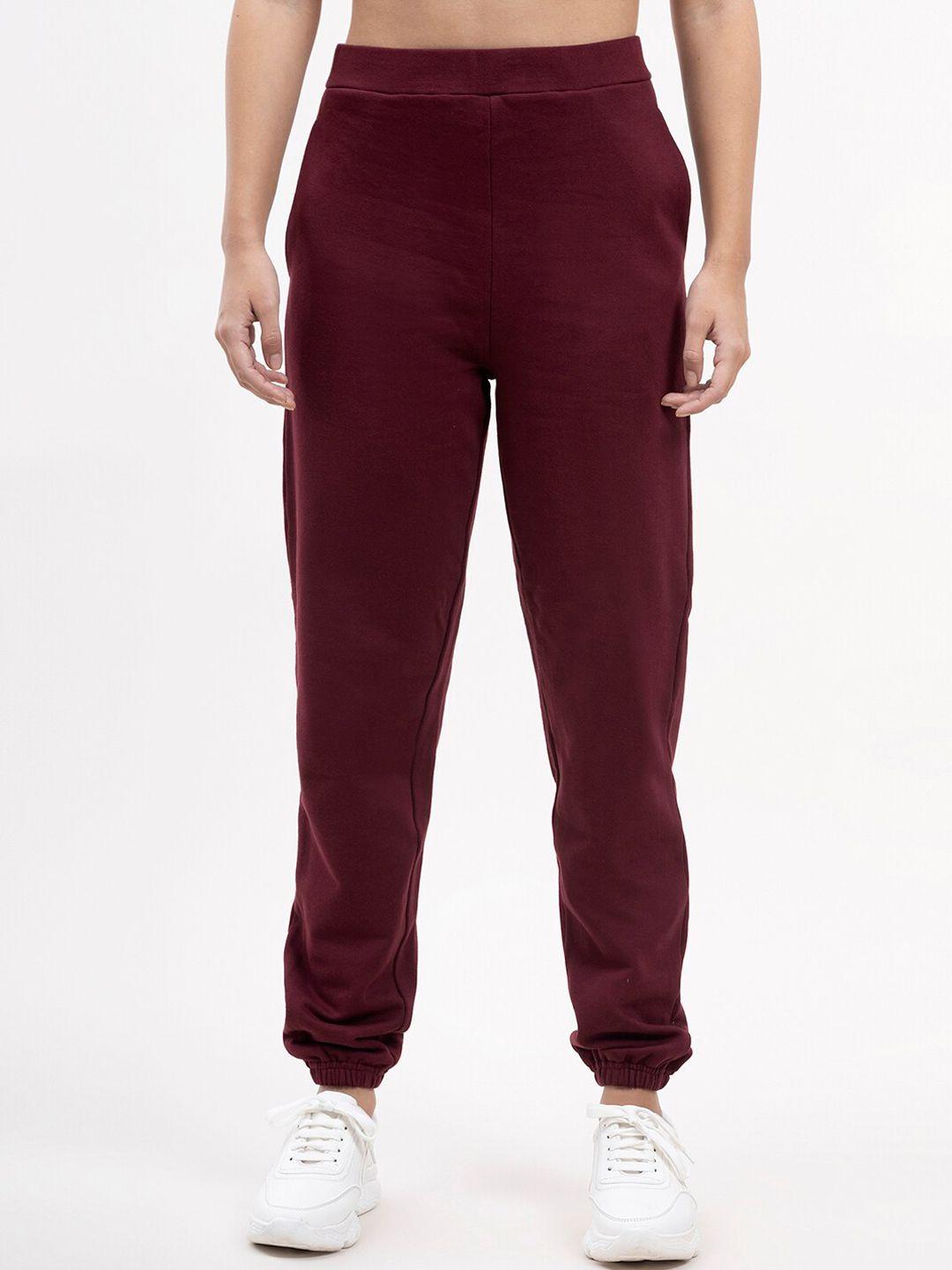 fablestreet women maroon solid relaxed-fit cotton joggers