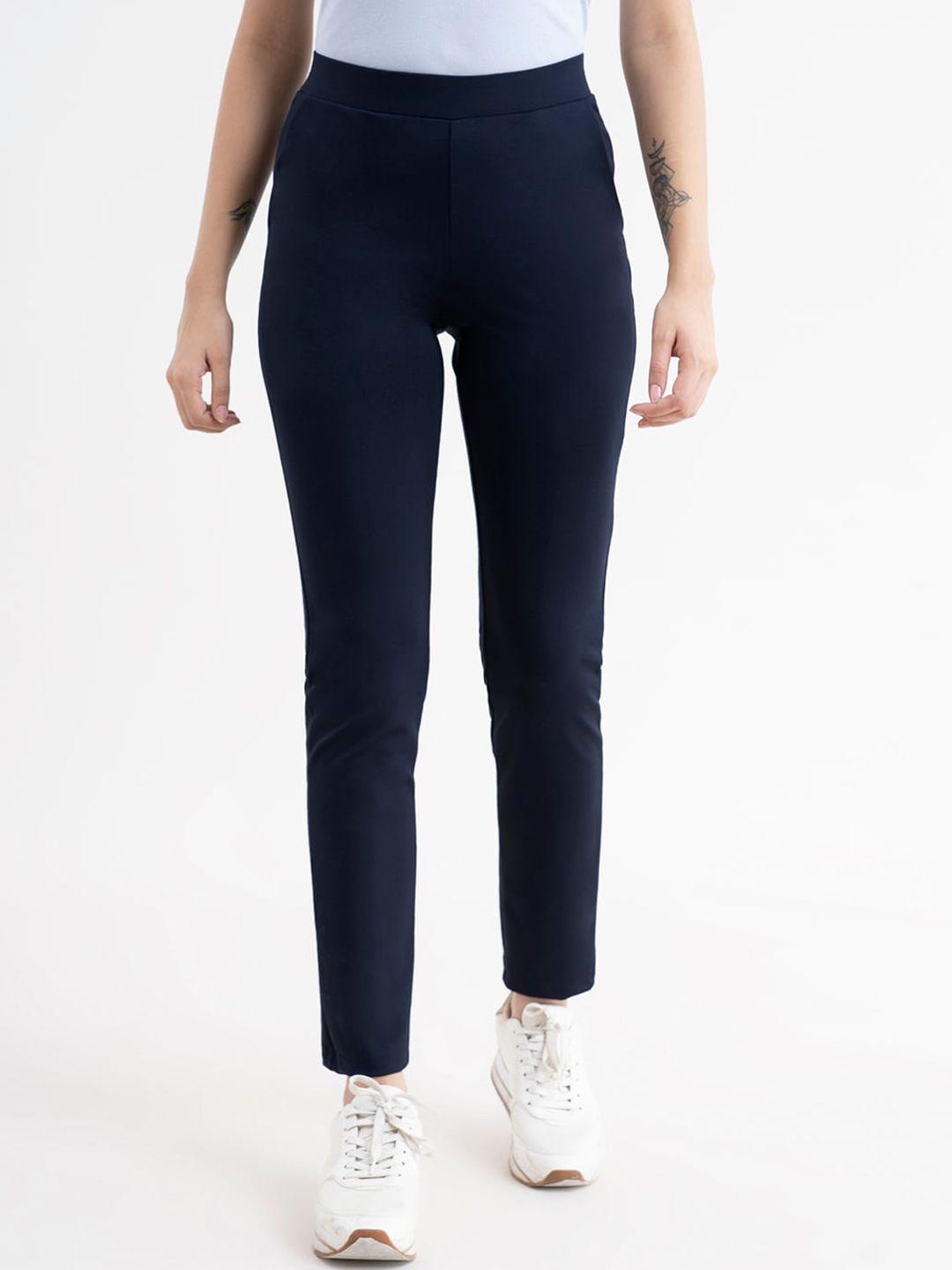 fablestreet women navy blue comfort straight fit high-rise livin air trousers
