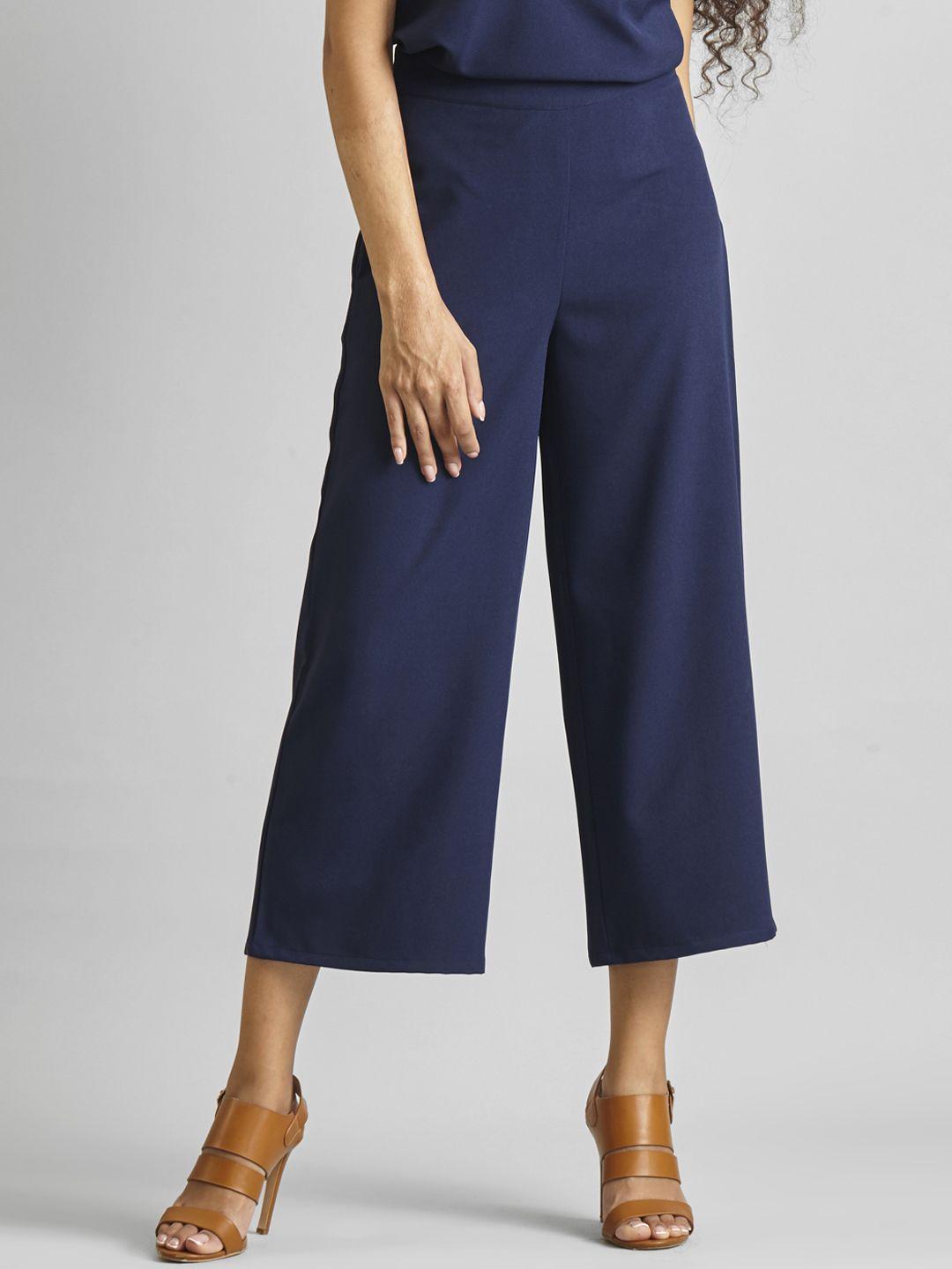 fablestreet women navy blue flared solid culottes