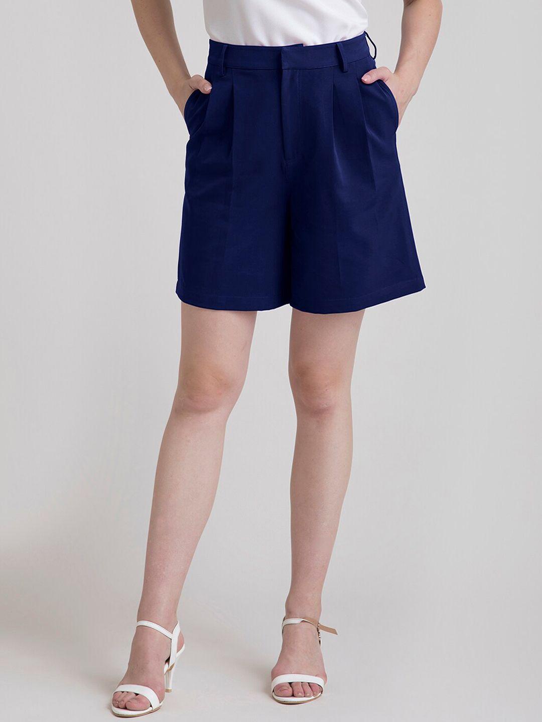 fablestreet women navy blue solid loose fit regular shorts