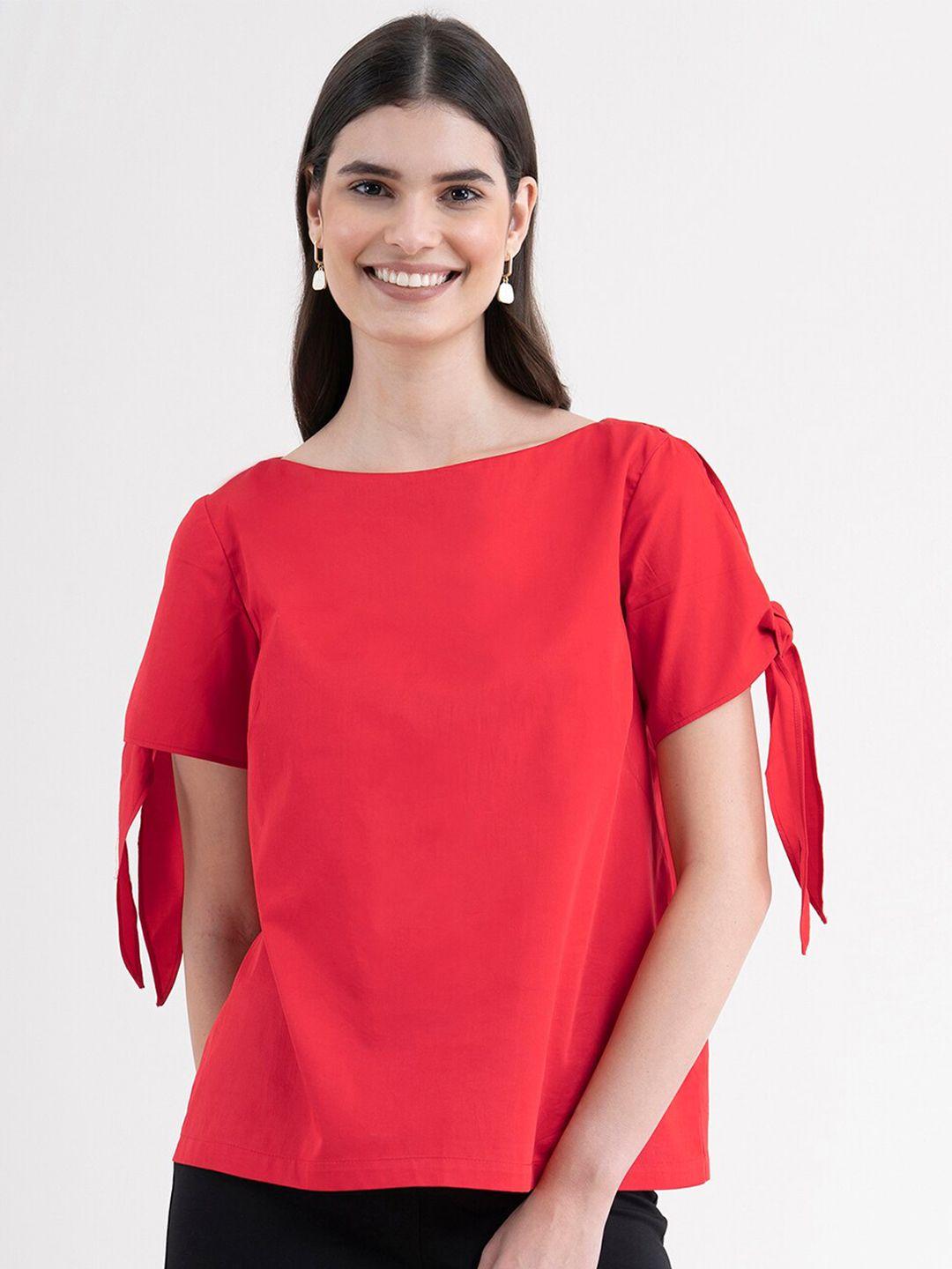 fablestreet women red cotton tie up sleeve top