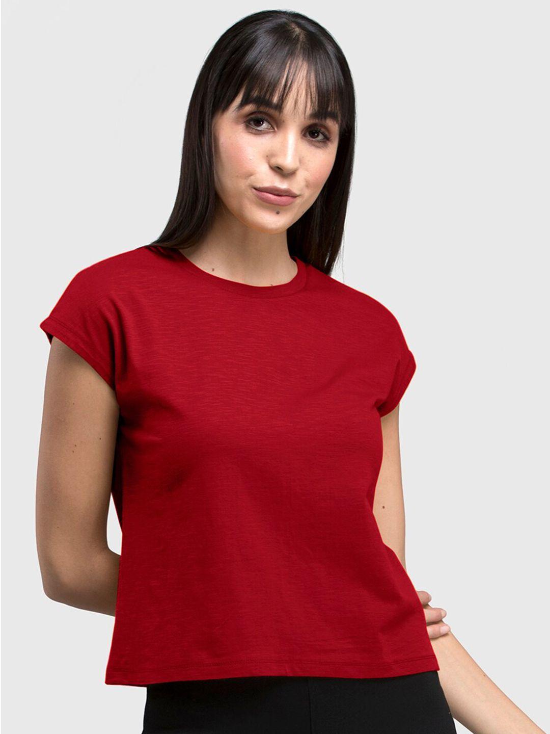fablestreet women red solid round neck t-shirt