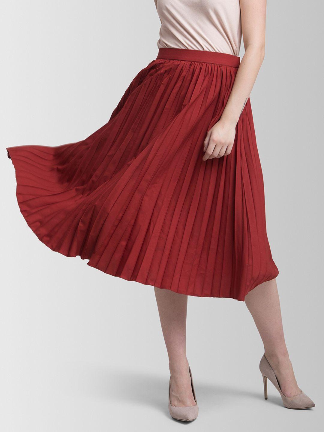 fablestreet women rust red solid anti-wrinkle pleated flared midi skirt