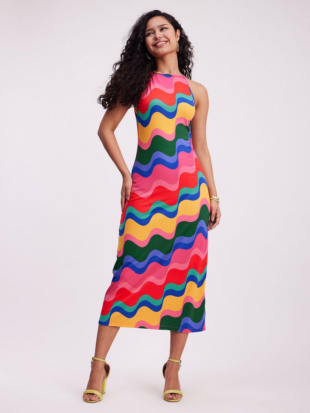 fablestreet abstract printed sleeveless sheath midi dress